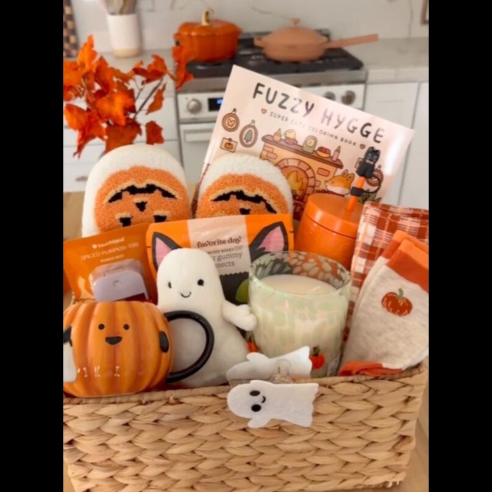 Halloween Party Gift Basket with Orange and White Decor